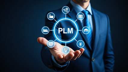 Businessman presenting product lifecycle management concept with icons technology innovation