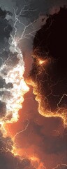 Two faces, one close, emerge from a dramatic sky of contrasting light and shadow, with powerful lightning