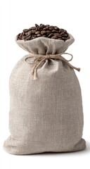 A light beige burlap sack filled with dark brown coffee beans
