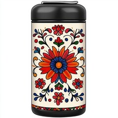 Fototapeta premium Vibrant Floral Design on Cream and Black Cylindrical Container