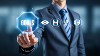 Businessman touching digital interface with goals and icons image