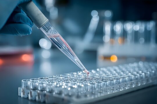 A gloved hand pipettes liquid into a 96-well plate in a lab.