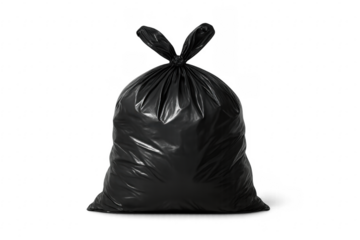 Black garbage bag tied and full on transparent background