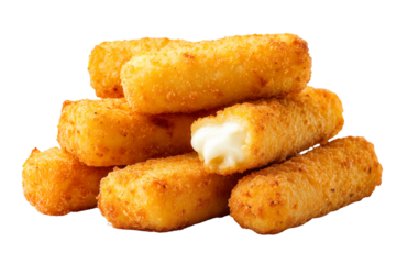 Stack of crispy fried cheese sticks isolated on white