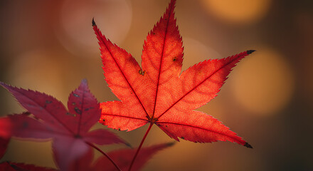 Orange-red maple leaf glowing with warm autumn light