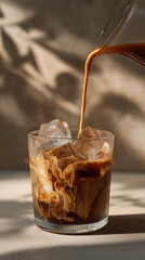 Aesthetic close-up photo of iced coffee being poured into a clear ribbed glass filled with large ice cubes. The background is a soft beige surface (#EBE3D2) with natural sunlight casting gentle shadow