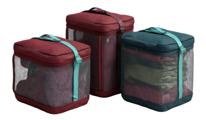 Three storage bags in varying sizes and colors, filled with clothing and gear.  Mesh panels allow visibility of contents.  Durable fabric and straps