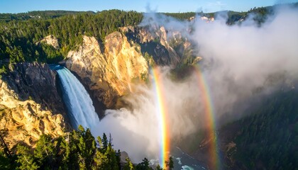 Waterfall Flowing Into Canyon with Double Rainbow and Mist