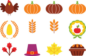 Thanksgiving Day in Canada Illustration Set. Canadian Thanksgiving Day Elements Colorful Collection. Bright Thanksgiving Day Design Set for Most Regions Canada. Colorful Harvest and Feast Symbols