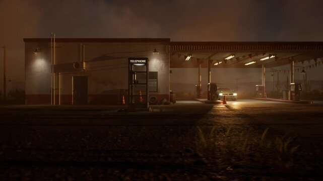 Classic car from 1960s era with illuminated headlights at desolate gas station in desert at twilight.