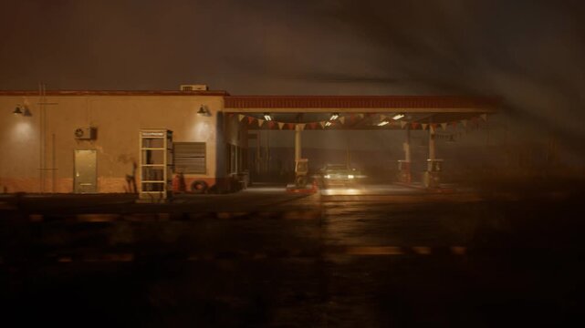 Classic car from 1960s era with illuminated headlights at desolate gas station in desert at twilight.