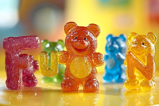 Colorful gummy bears and candy letters create a fun display for kids in a bright setting