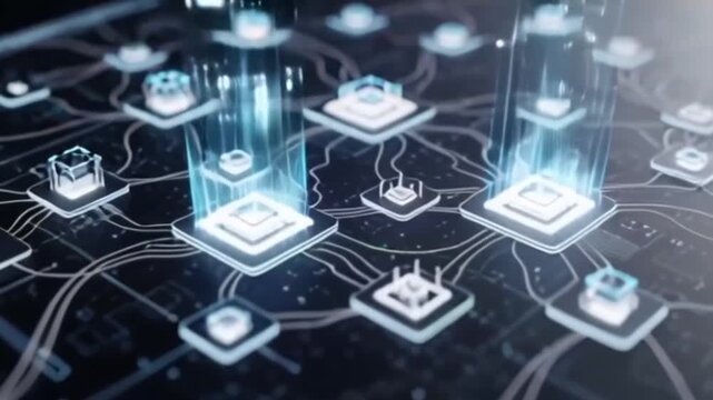 Digital Circuit Board with Holographic Microchip Connections &ndash; AI Technology Network Video Footage
