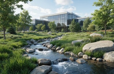 Modern corporate campus features naturalistic landscaping with a serene water stream, rocks, and rich plants. Professional design blends architecture with environment, creating a harmonious workspace.