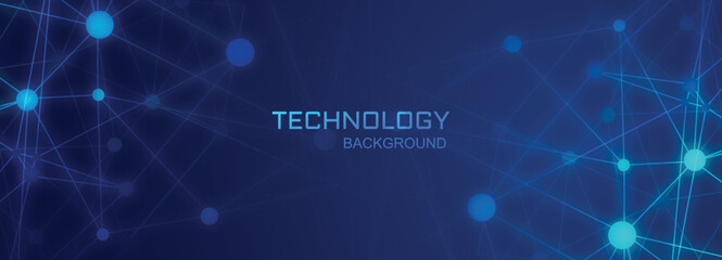 Blue Technology Network Connections Abstract Vector Background Banner with Glowing Dots for Digital Data, Cryptocurrency, Global Communications, and Science Header Design 