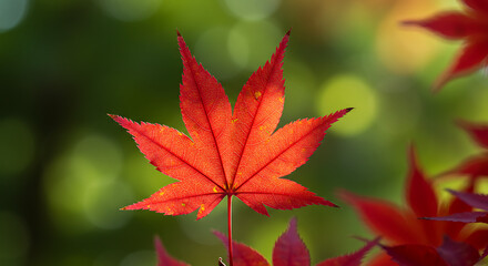 Vibrant Red Maple Leaf, Nature Scene, Close-Up, Autumn, Soft Background Focus