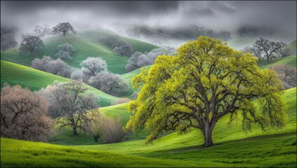 Rolling hills, vibrant green grass, and a prominent yellow-green tree, shrouded in a soft mist
