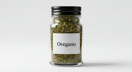 Oregano spice jar isolated on white background for culinary and food concepts