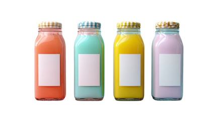 Four colorful glass bottles, each filled with a different juice or smoothie, arranged in a horizontal row