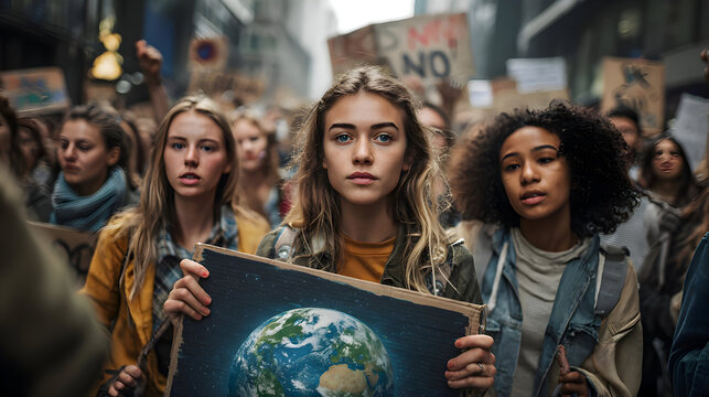 Young people at a climate change protest march holding earth sign with other protestors in the background