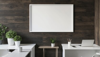 Minimalist workspace featuring blank white frame on dark wooden wall. Modern white desks are adorned with contemporary indoor plants and laptop, creating clean and organized pro environment.