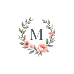 Elegant watercolor floral wreath with pink and peach flowers surrounding a dark letter M on a white background.