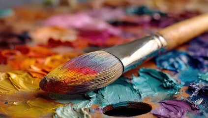 Fototapeta premium Close-up of paintbrush resting on vibrant artist's palette