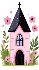 Whimsical Pink Church Illustration with Flowers and Greenery