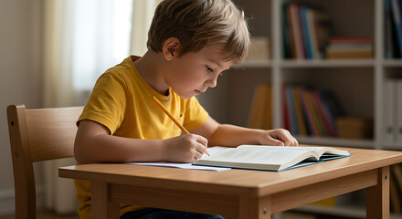 A young schoolboy is sitting at a desk, focused on reading a book for his homework