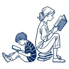 Brother and sister reading books together