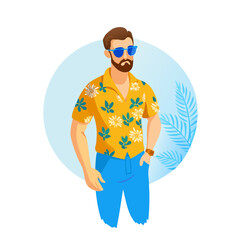 Stylish Summer Look: Yellow Floral Shirt with Blue High-Waisted Pants for Men | Trendy Vacation Outfit | Casual Fashion Vibe

