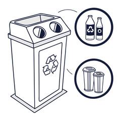 Illustration of a multi compartment recycling bin with icons for glass and plastic waste
