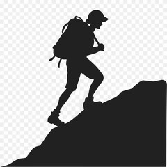 Silhouette of a hiker climbing a rocky mountain slope