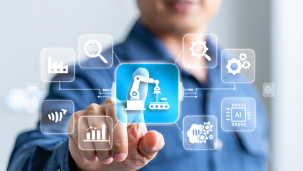 Futuristic industrial automation technology interface robotics artificial intelligence