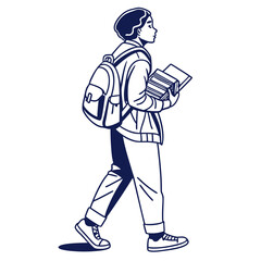 Student walking with backpack and books in a simple line art style