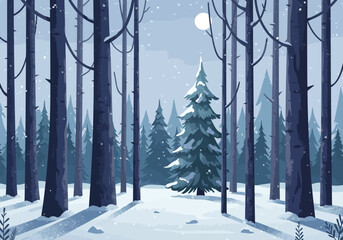 Winter Forest Scene with Snow-Covered Trees and a Full Moon