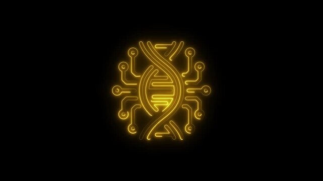 Glowing Yellow D N A Helix Integrated with Digital Circuit Board Pattern on Black Background - Powered by Adobe