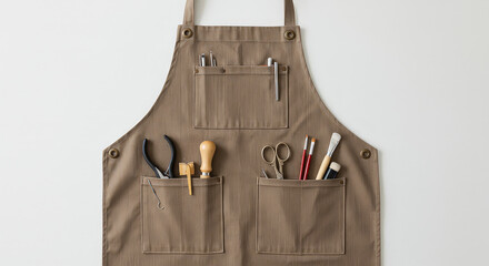 Brown apron with tools crafting diy and professional work concepts