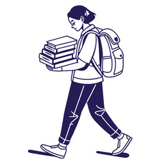 Young student carrying a stack of books and wearing a backpack