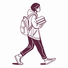 Young student walking with books and backpack in outline style