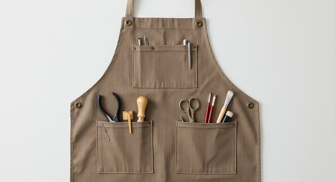Brown apron with tools crafting diy and professional work concepts
