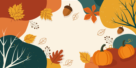 Autumn composition with colorful leaves, pumpkins, acorns, branches and trees. Flat hand-drawn vector, warm fall palette. Perfect for invitations, cards, web banners, posters, seasonal sales.