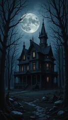 Fototapeta premium Haunted Victorian Mansion Under Full Moon