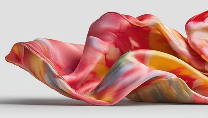 Abstract, vibrant fabric folds in pink, orange, yellow, and gray