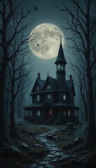 Fototapeta premium Haunted Victorian Mansion Under Full Moon