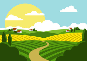 Cartoon Farm Landscape with Fields, Houses, and a Winding Path