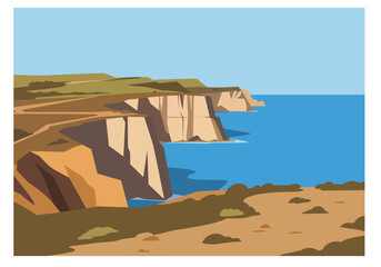 Coastal Cliffs Landscape with Blue Ocean and Sky Illustration