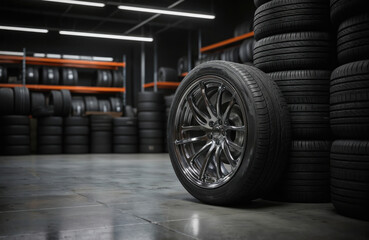 Shiny new car tire with chrome rim sits on concrete floor of auto repair shop. Stacked tires fill background shelves. Automotive workshop displays service equipment for vehicle maintenance, repair,