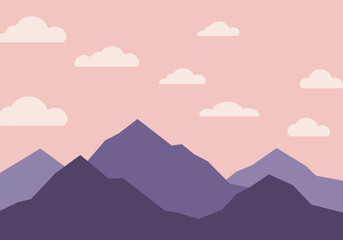 Mountain Range Silhouette with Clouds in a Pink Sky, Vector Illustration