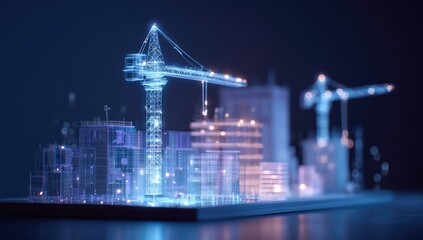 Obraz premium Digital cityscape with construction cranes. Abstract, glowing, low-poly model